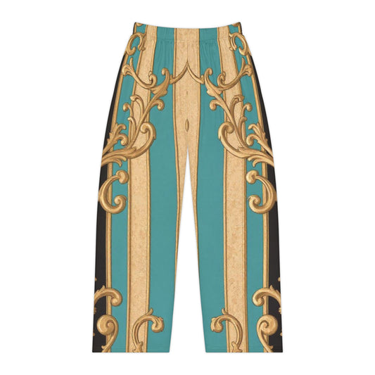 Elegant Black, Tan & Ocean Green Striped Gold Baroque Women's Pajama Pants, Cozy Sleepwear, Luxe Lounge Trousers, Stylish Nightwear