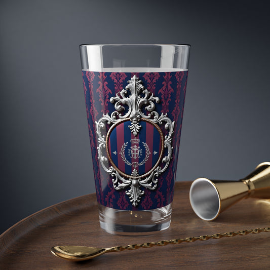 Elegant Mixing Glass, Vintage Inspired Barware, 16oz Cocktail Glass, Perfect for Parties, Home Bars, and Gifts - Blue & Plum Striped Silver Crest