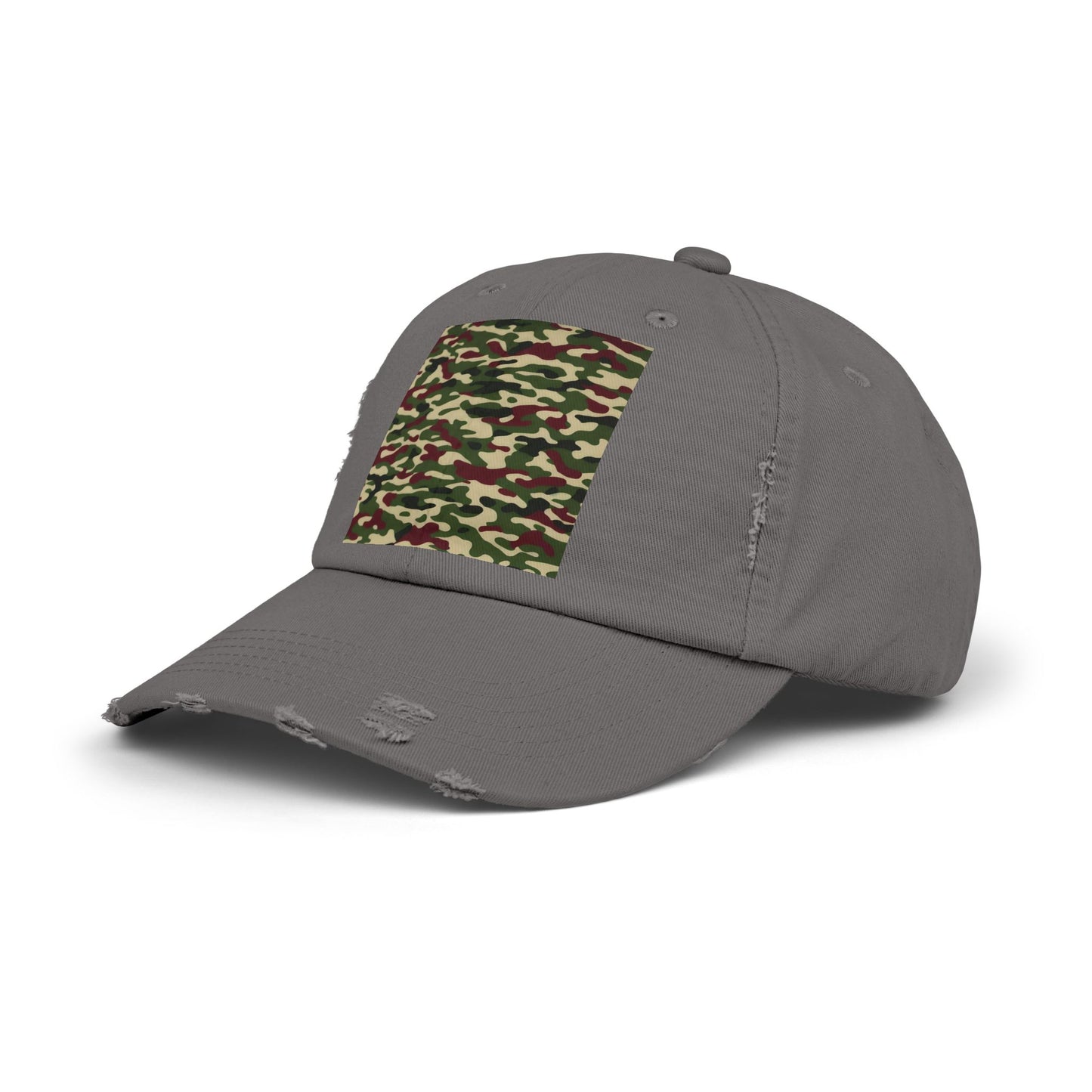 Camo Distressed Cap | Unisex Fashion Hat, Trendy Outdoor Accessory, Gift for Him/Her, Casual Wear, Sports Cap - Army Green & Burgundy Camo