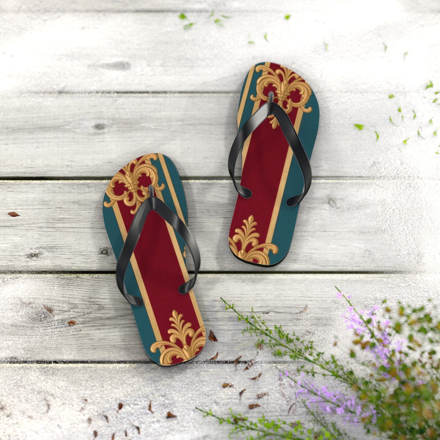 Elegant Floral Pattern Flip Flops, Stylish Beach Footwear, Summer Accessories, Vacation Sandals - Burgundy Striped Gold Baroque