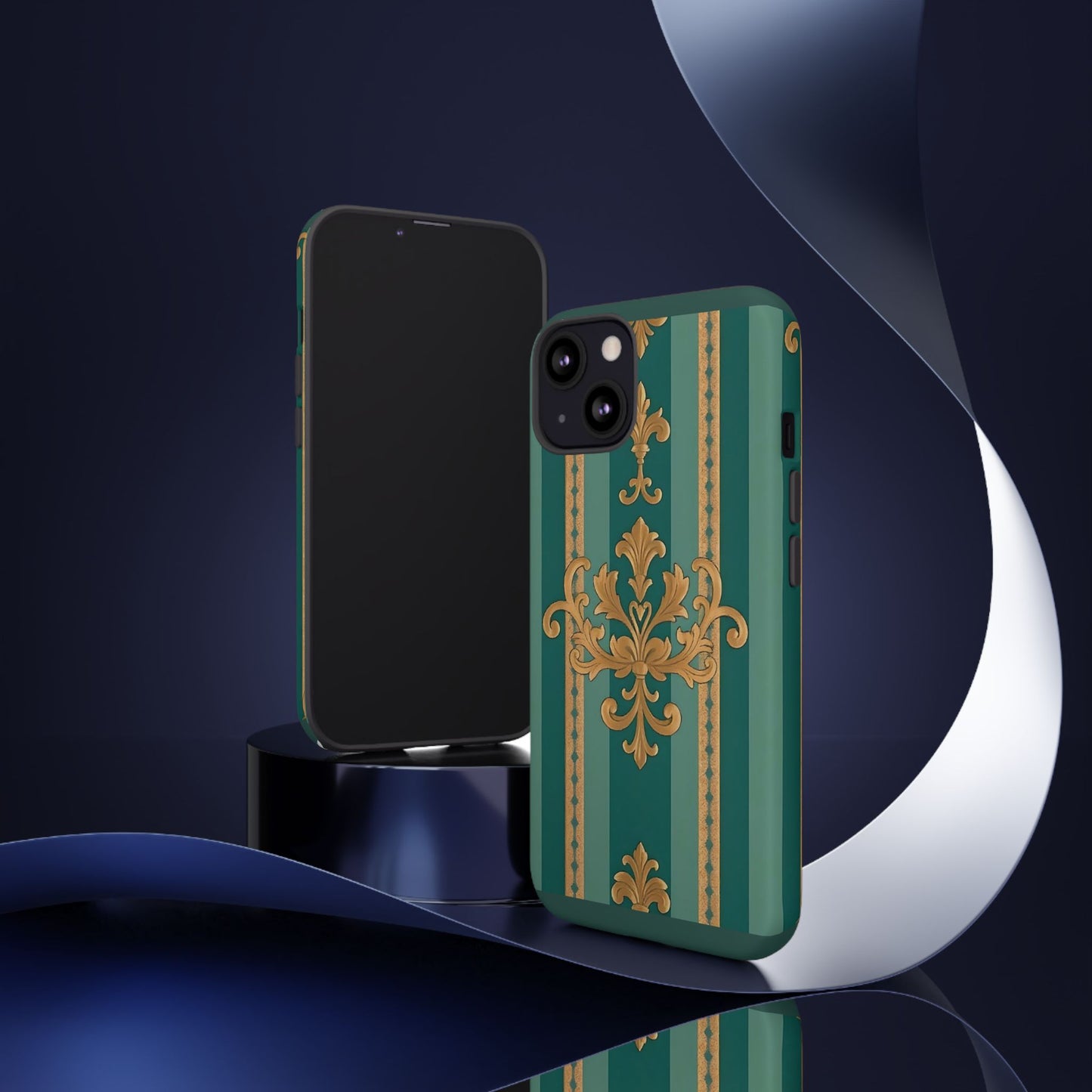Elegant Floral Motif Phone Case - Tough Cases with Vintage Design - Teal Striped Gold Damask