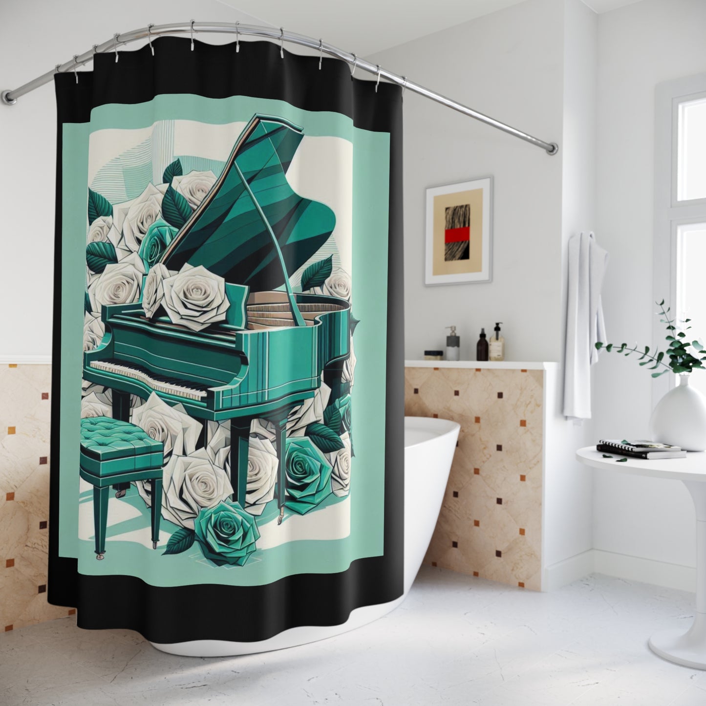 Elegant Aqua Piano Roses Shower Curtain - Stylish Bathroom Decor for Music Lovers