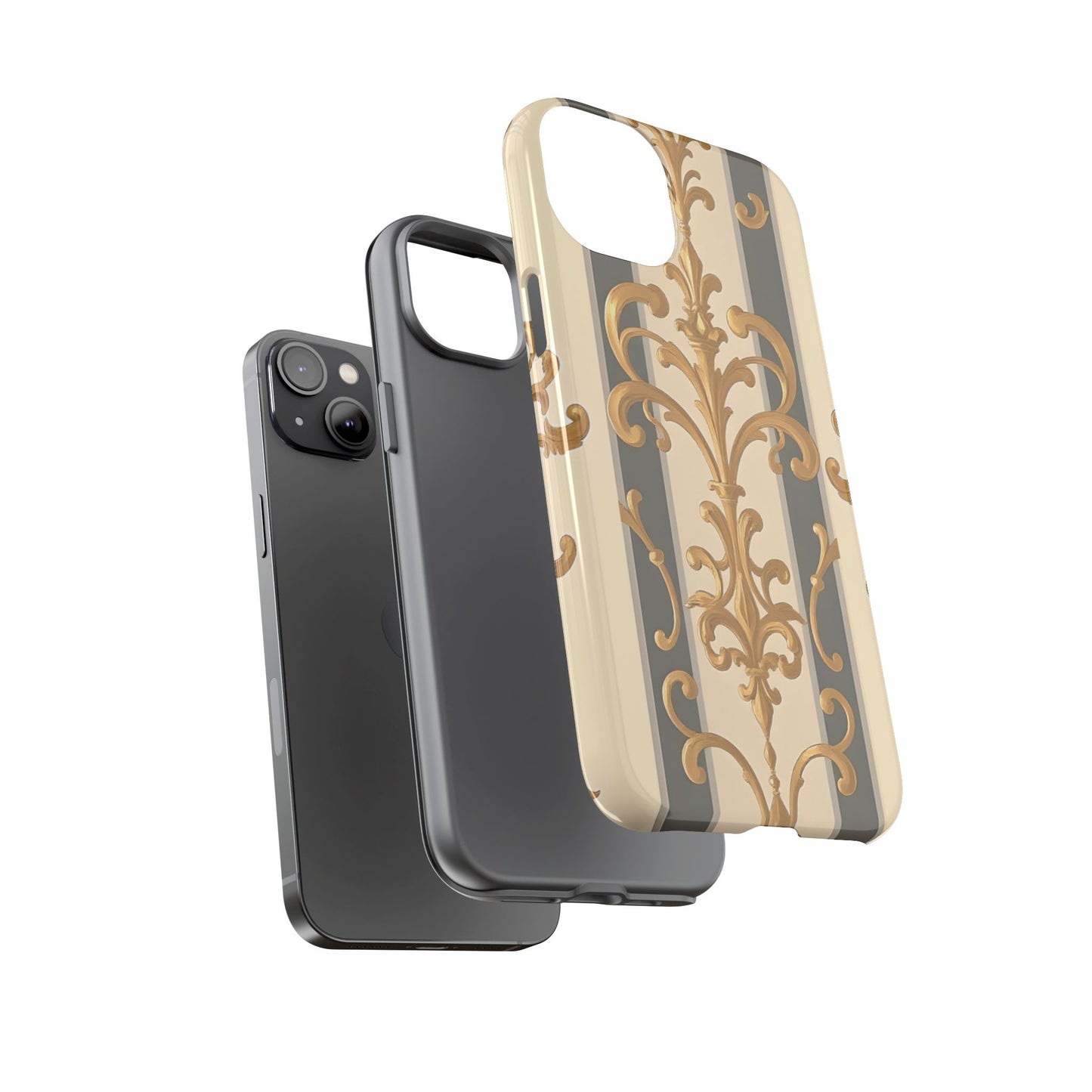 Elegant Floral Motif Phone Case - Tough Cases with Vintage Design - Dusk Olive Striped Gold Damask