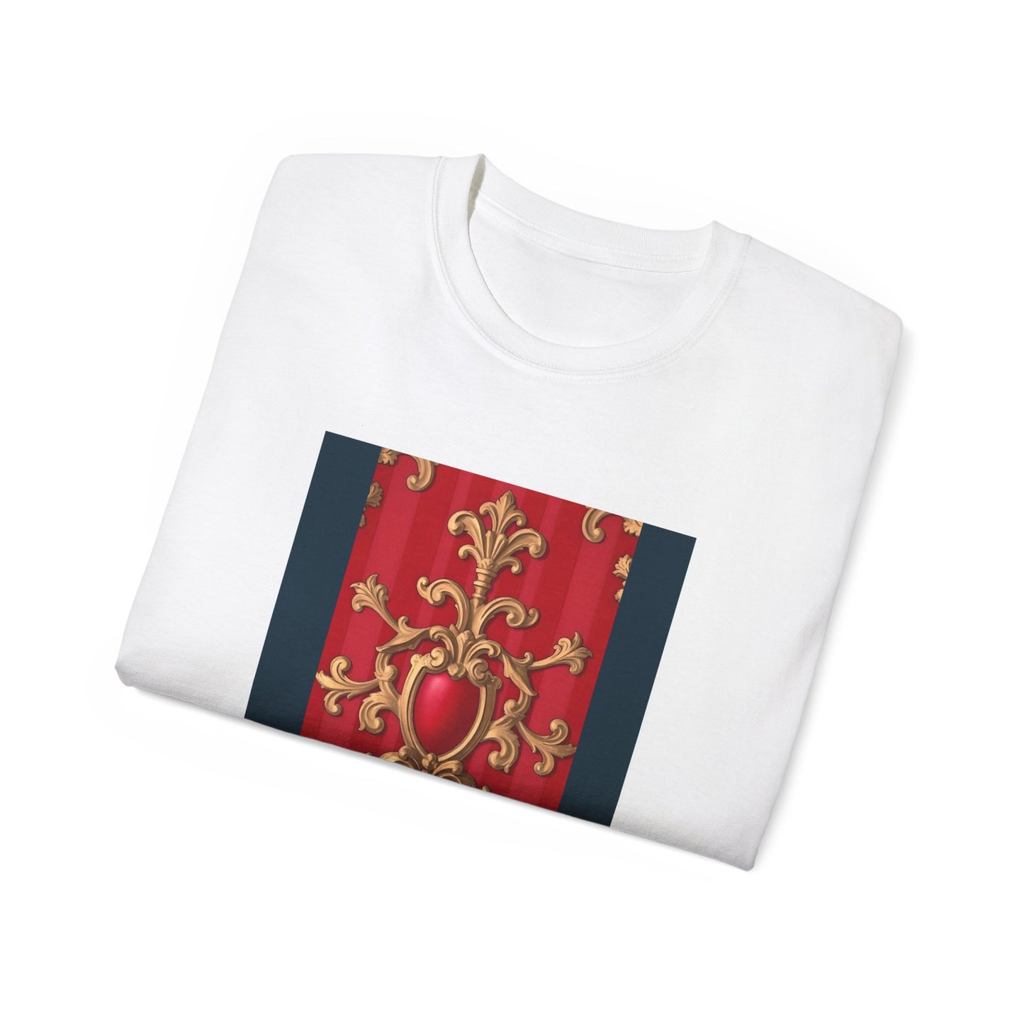 Regal Red Baroque T-Shirt, Artistic Tee, Gift for Art Lovers, Fashionable Statement Shirt, Unique Graphic Top - Blue, Red & White Striped Baroque