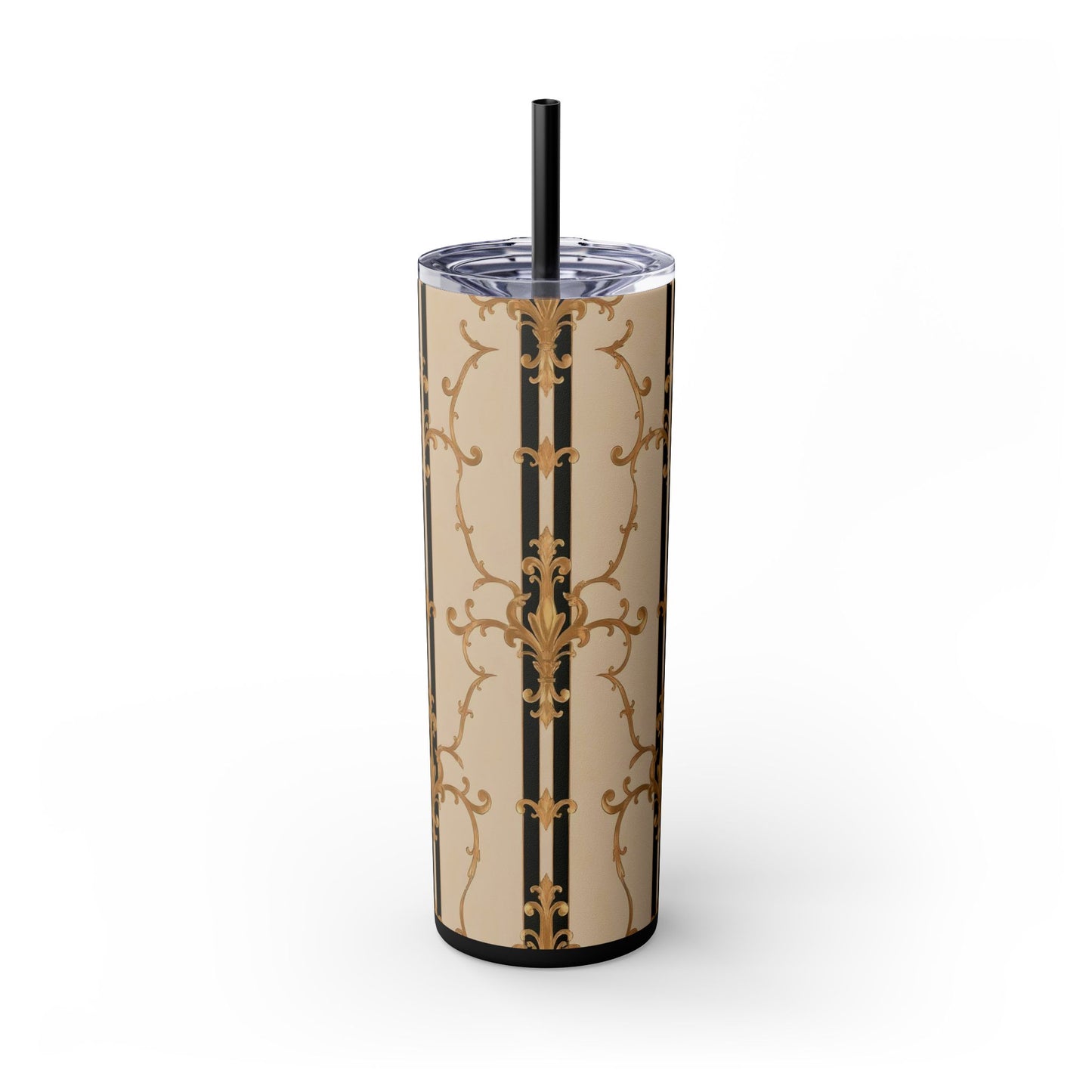 Elegant Gold Patterned Skinny Tumbler with Straw, 20oz | Stylish Travel Mug, Gift for Her, Fancy Drinkware - Black & Beige Striped Damask