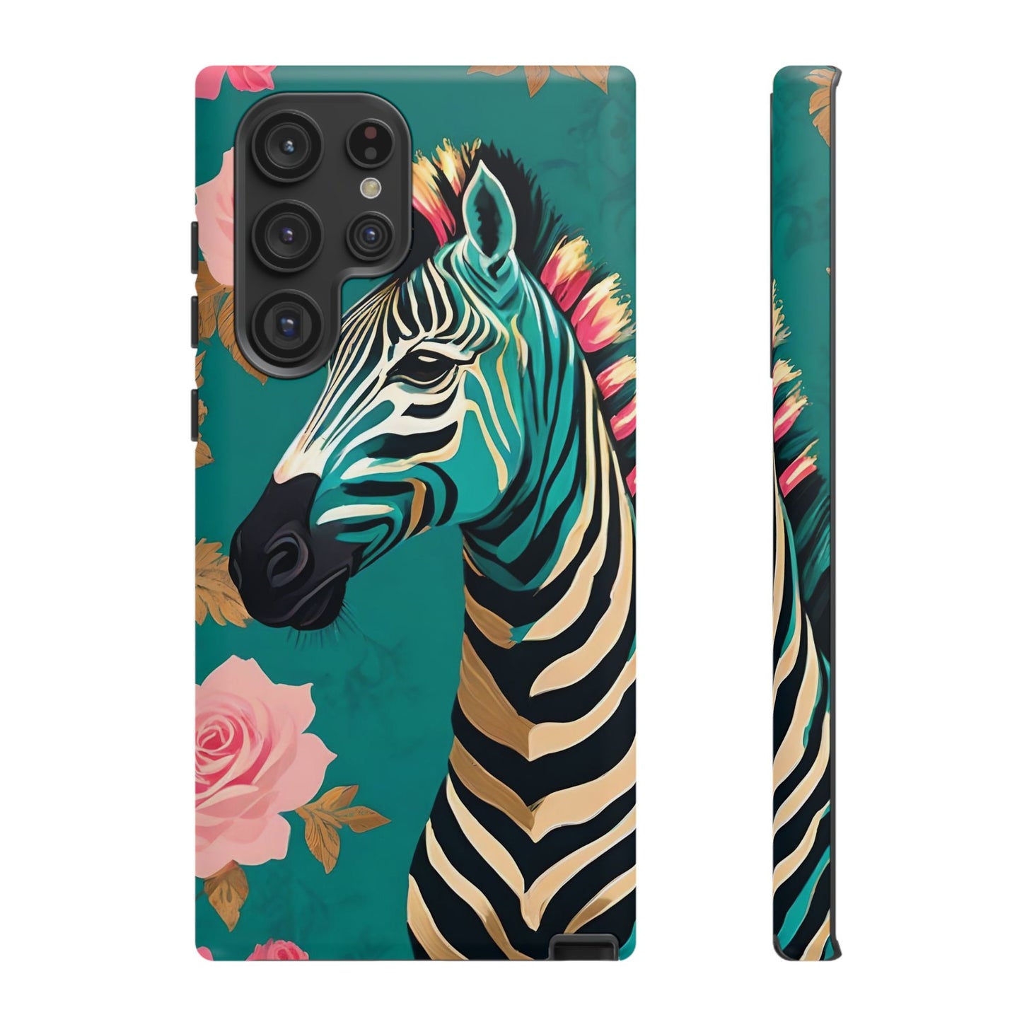 Phone Case - Elegant Teal & Gold Zebra & Roses Design