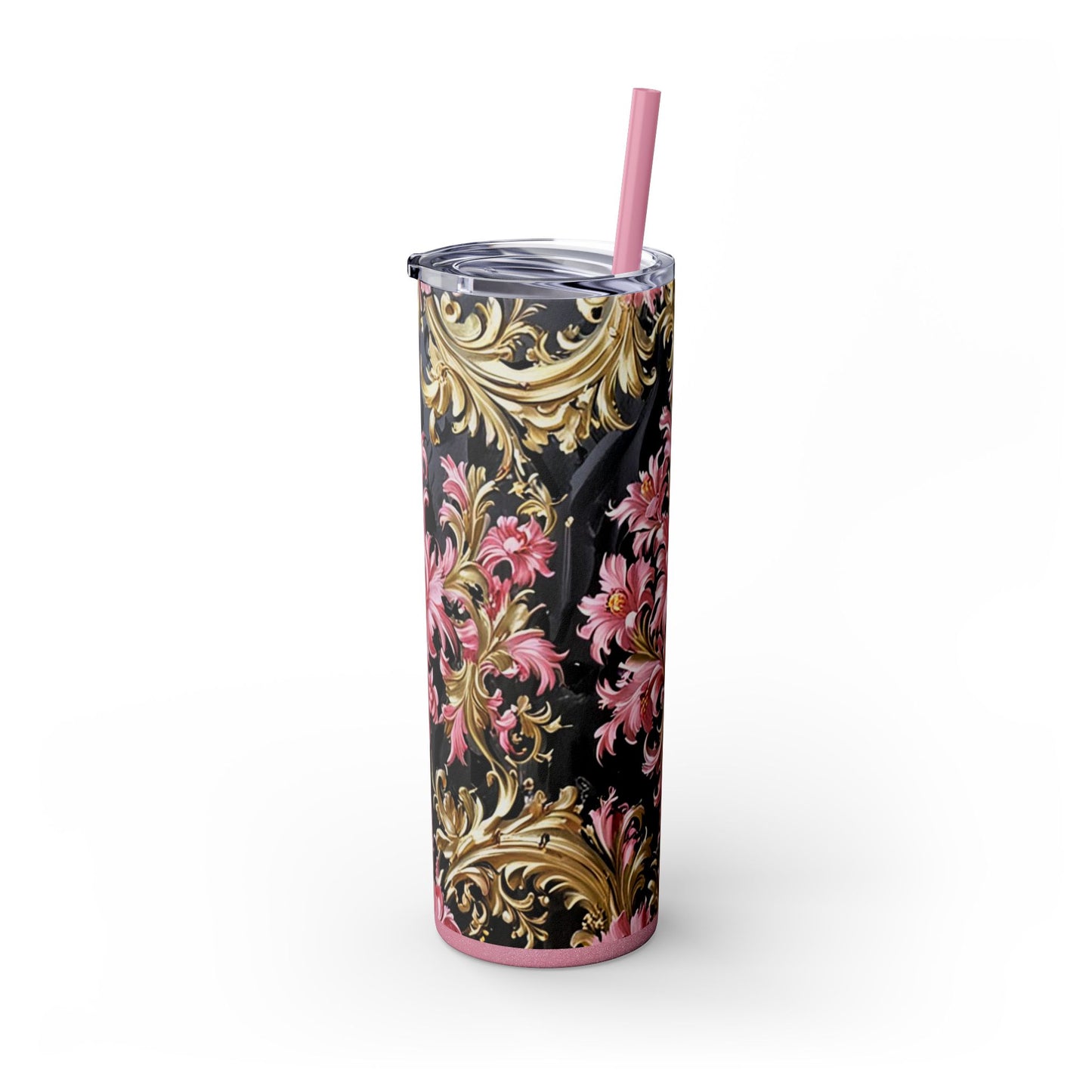 Chic Floral Skinny Tumbler with Straw, 20oz - Elegant Drinkware for Tea Lovers, Travel Mugs, Gifts for Her - Black & Pink Oil Painting Style Rococo