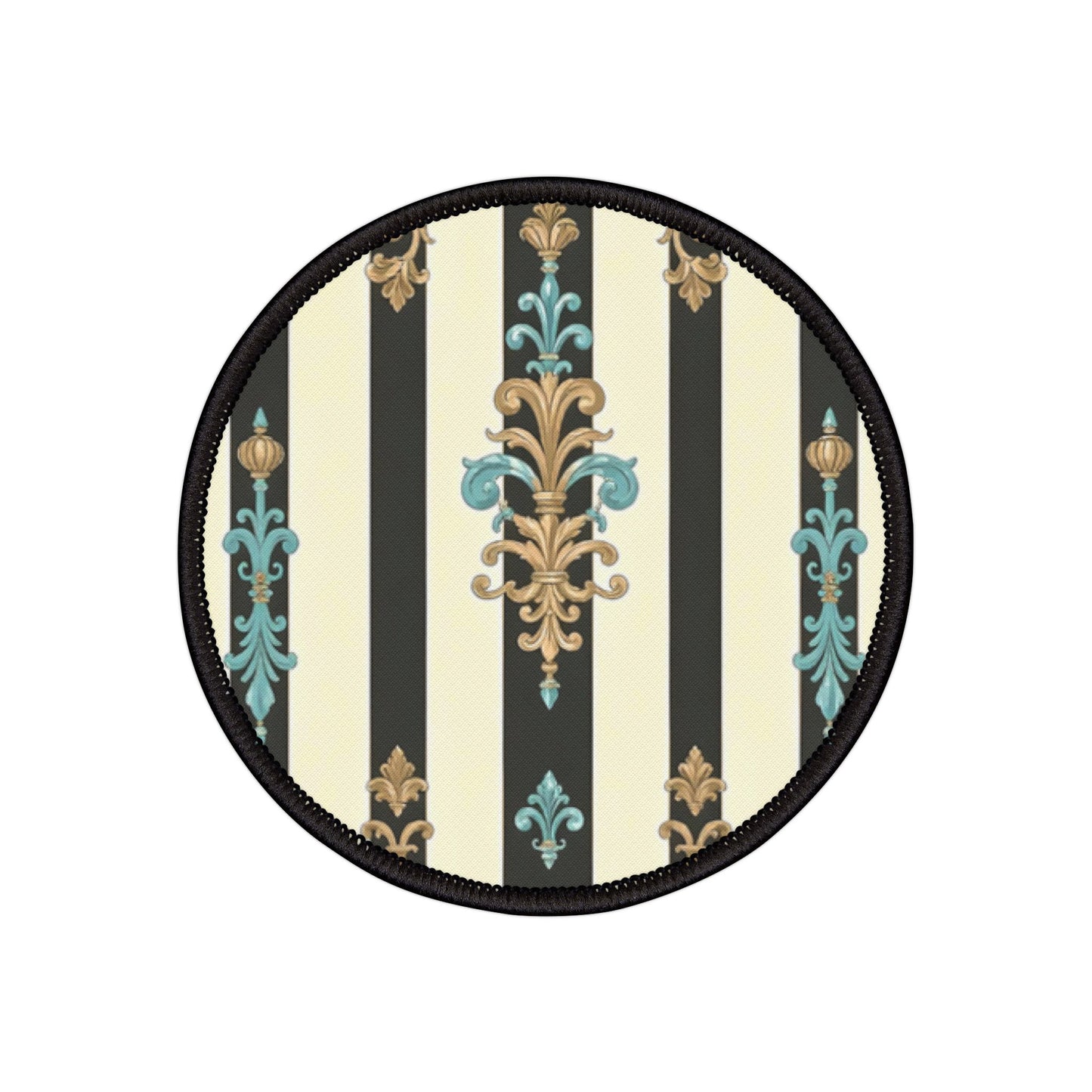 Vintage Floral Iron-On Patches for Denim, Jackets, Bags, Crafts, Customizations - Black Striped Turquoise & Black Rococo