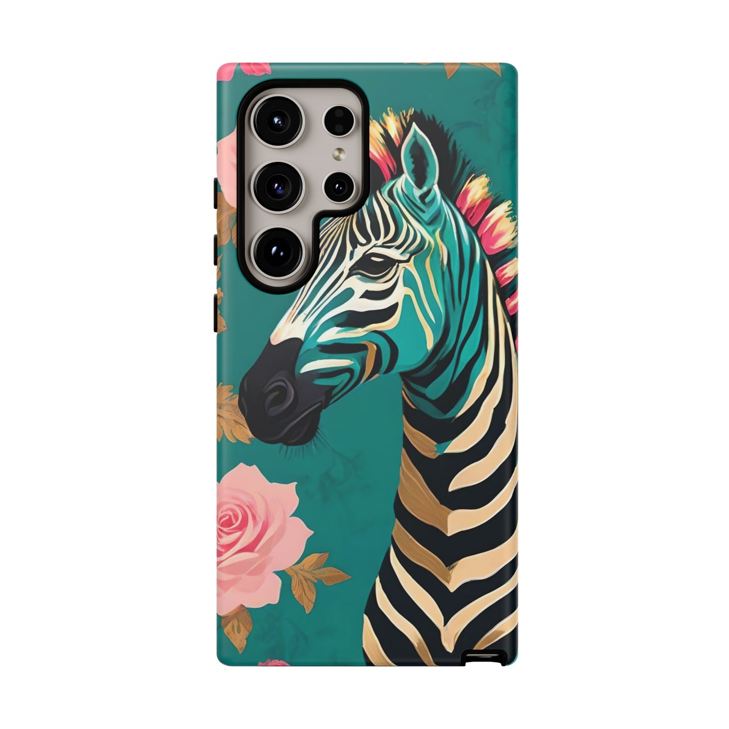 Phone Case - Elegant Teal & Gold Zebra & Roses Design