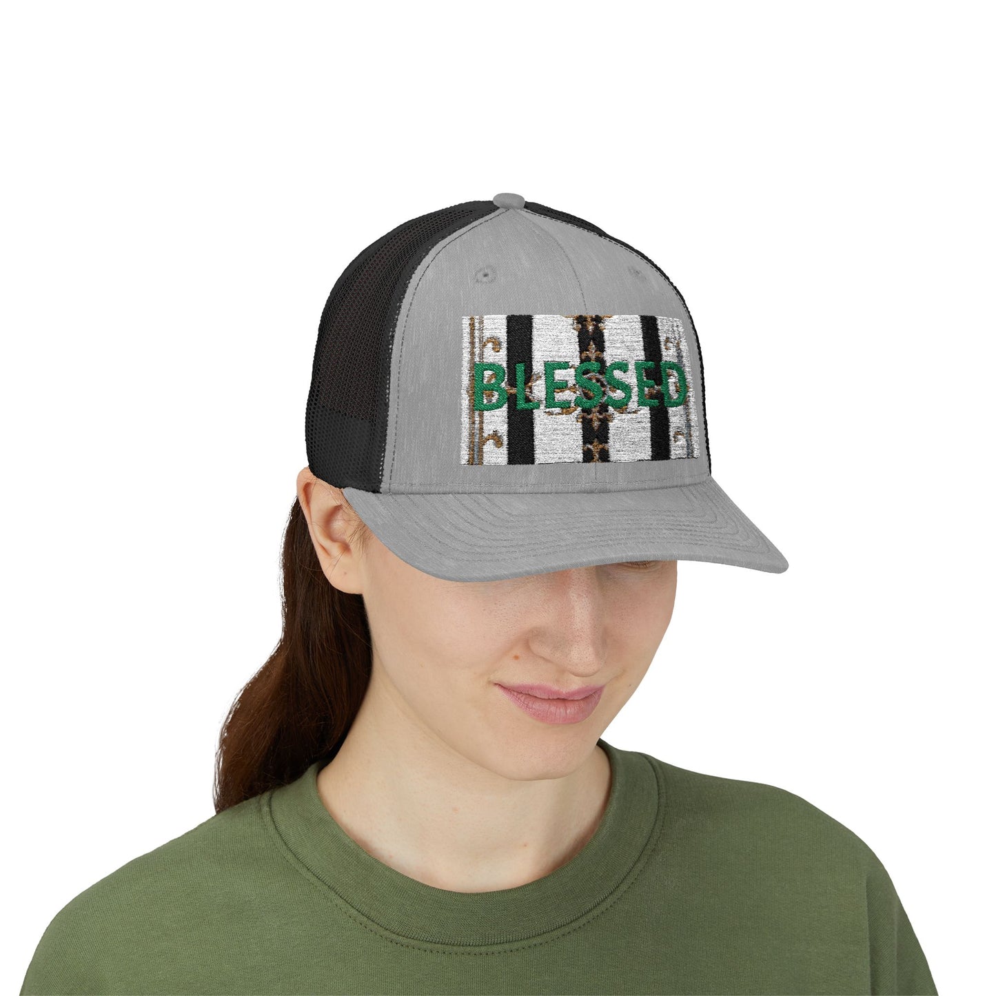 Blessed Snapback Trucker Cap | Casual Style, Outdoor Gear, Faith-Based Gift, Adjustable Hat, Everyday Fashion - Black & White Striped Gold Baroque