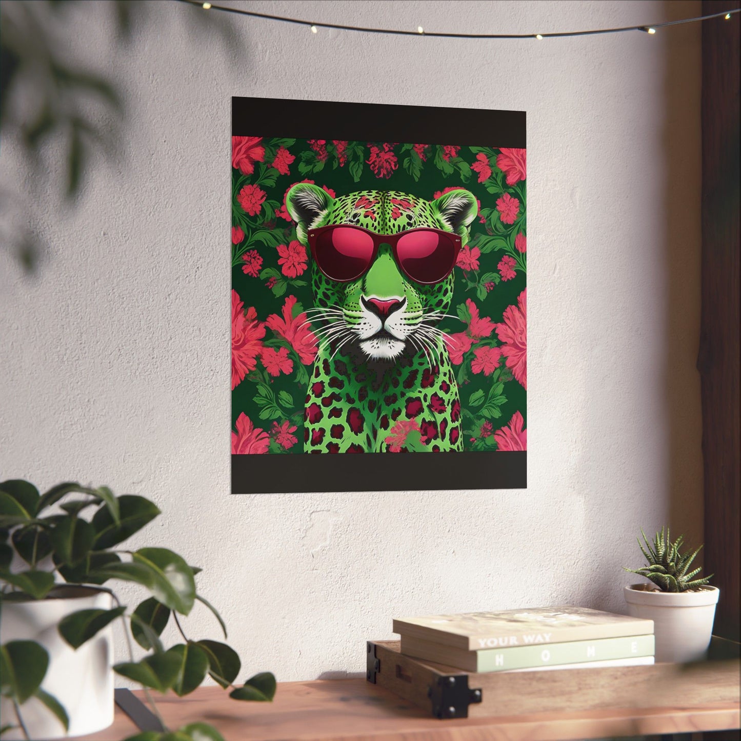 Floral Motif Art Poster - Elegant Matte Vertical Wall Decor - Lime Green & Burgundy Leopard In Sunglasses