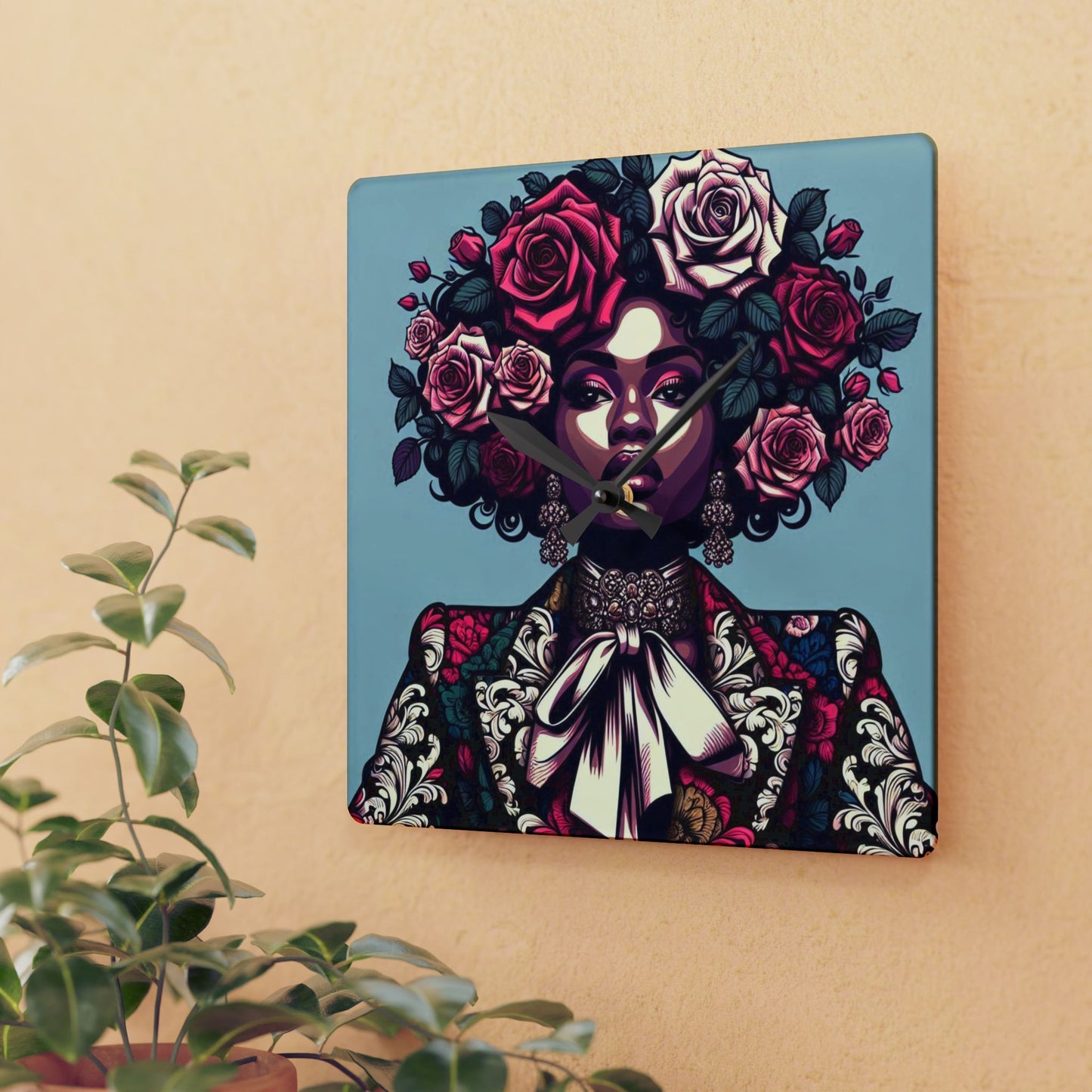 Bohemian Afro-Inspired Acrylic Wall Clock with Floral Design - Lady In Damask Suit & Roses Design