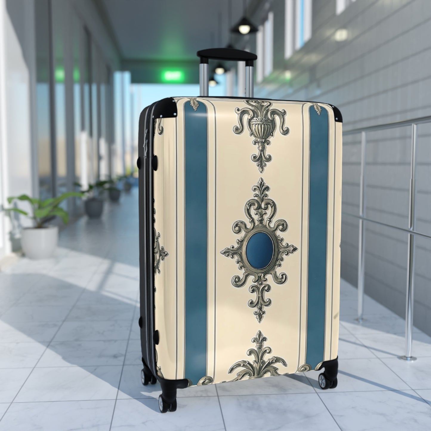 Elegant Vintage Style Suitcase for Travel - Alabaster & Ocean Blue Baroque