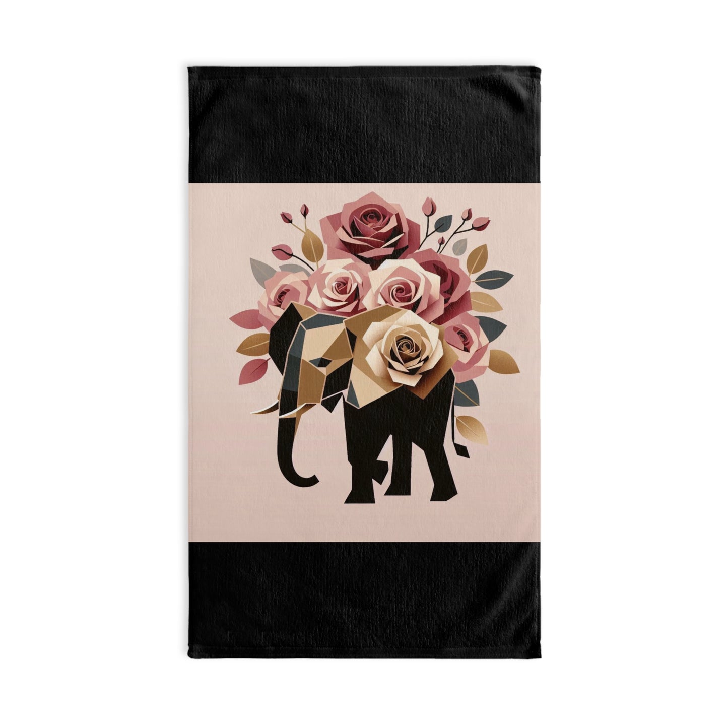Hand Towel - Elegant Floral Roses & Elephant Design -  Black & Gold Home Decor & Gifts