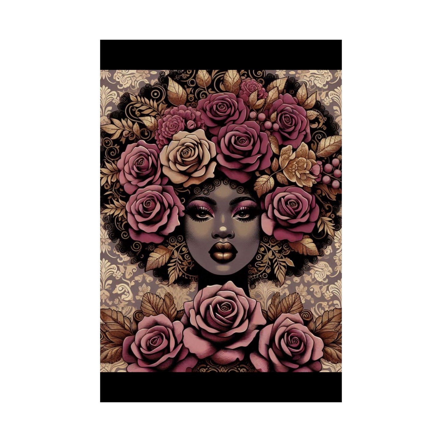Floral Afro Art Poster - Elegant Matte Vertical Wall Decor - Mauve Lady & Damask