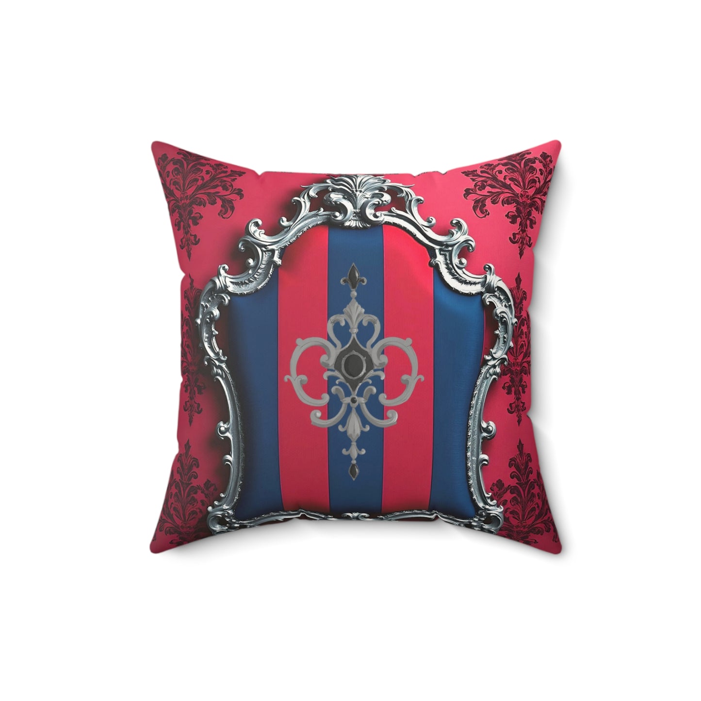 Luxurious Faux Suede Square Pillow with Elegant Pattern, Home Decor, Sofa Accent, Living Room Accent - Blue & Red Striped Silver Crest