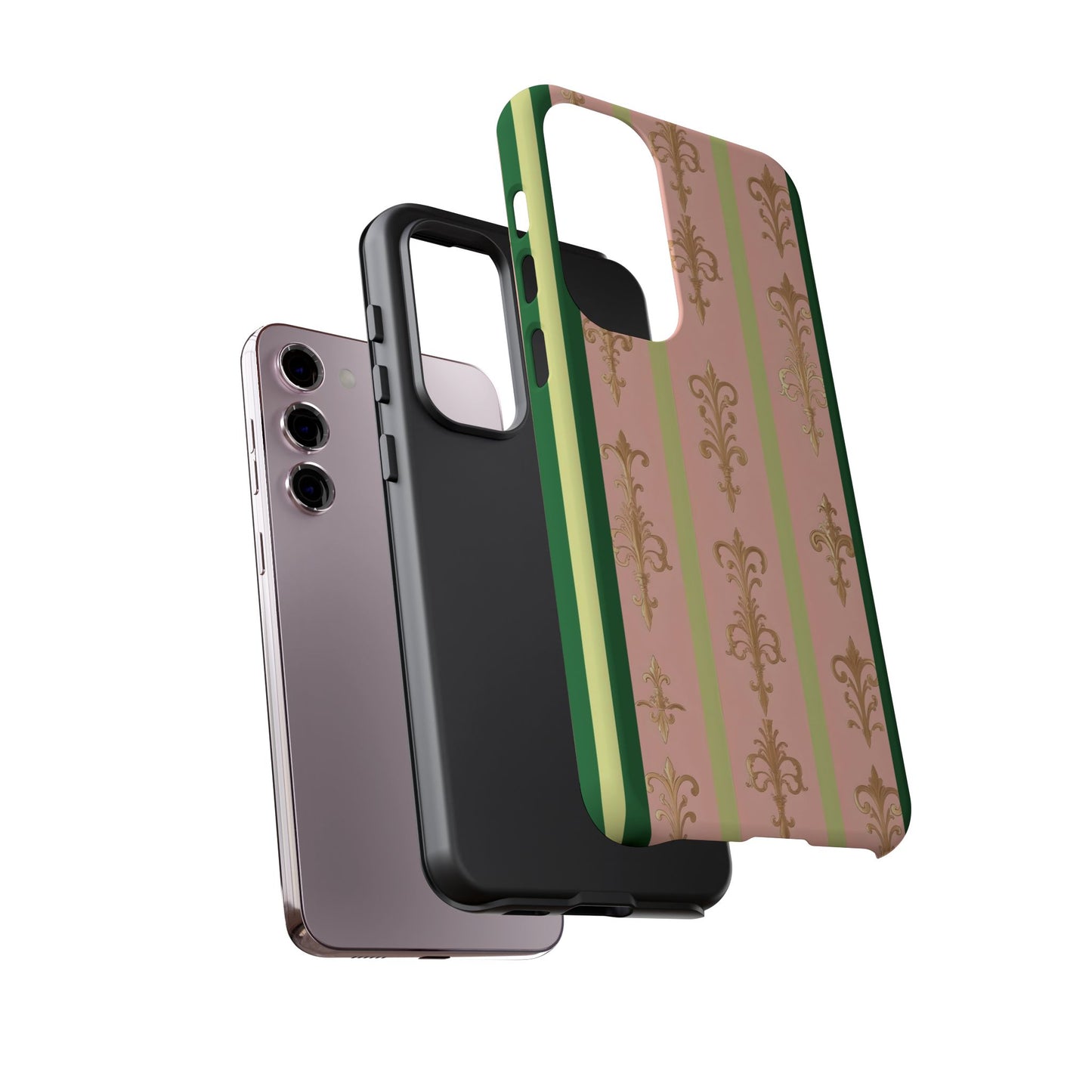 Elegant Floral Motif Phone Case - Tough Cases with Vintage Design - Lime Green & Pink Striped Damask