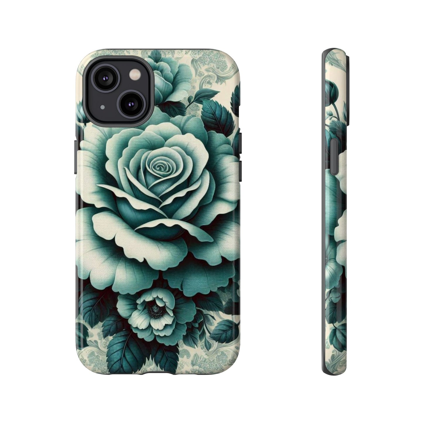 Elegant Floral Motif Phone Case - Tough Cases with Vintage Design - Teal Roses & Damask