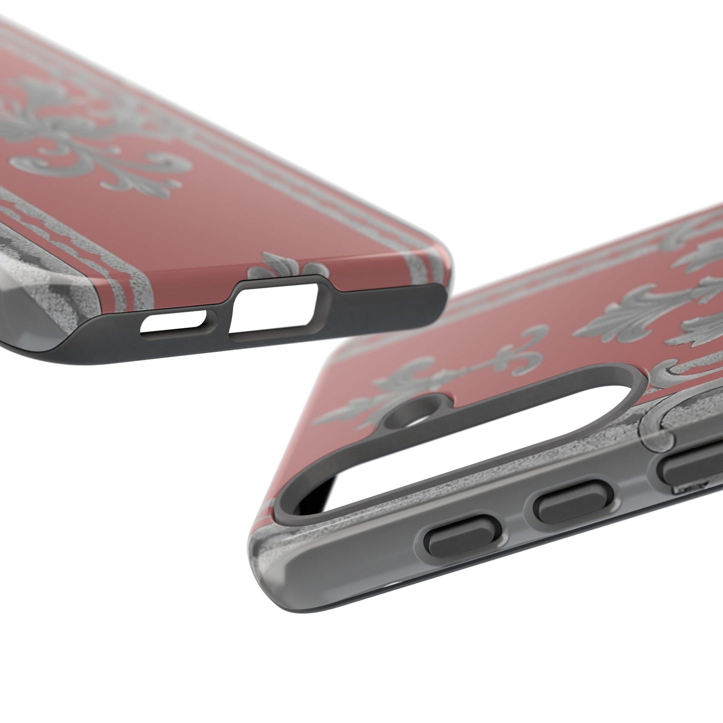 Elegant Floral Phone Case - Tough Cases for Stylish Protection - Gray & Mauve Striped Baroque