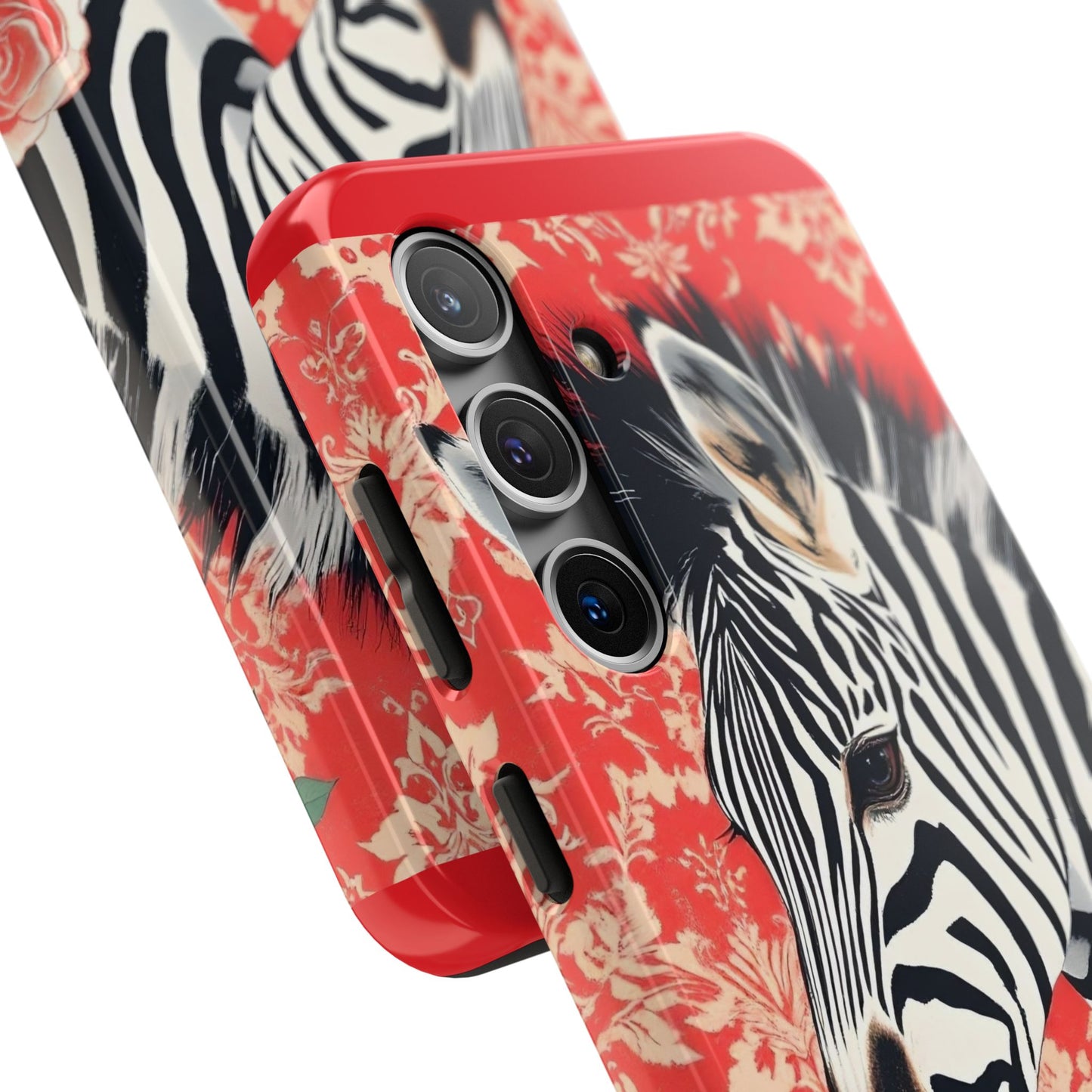 Zebra Tough Phone Case - Trendy Floral Design for Animal Lovers - Zebra With Coral Roses & Damask