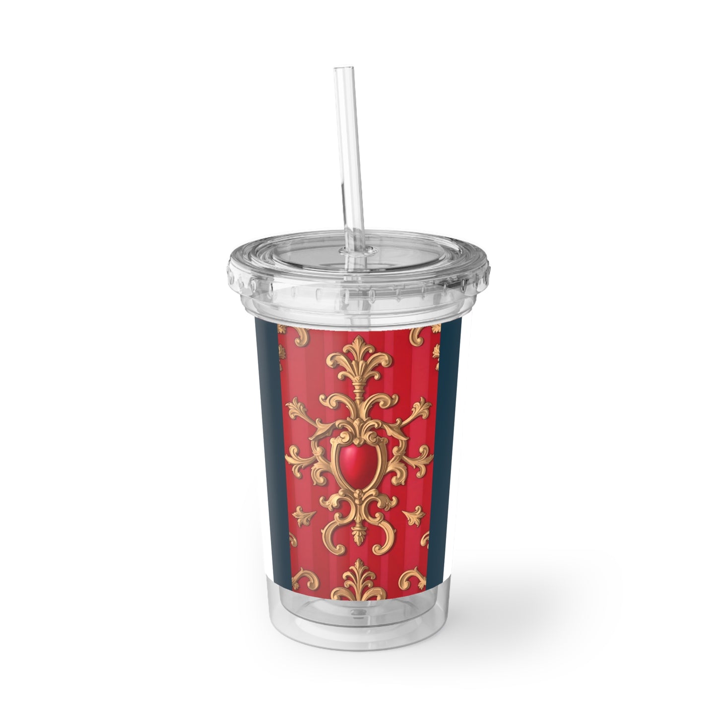 Elegant Acrylic Cup with Regal Design, Perfect for Gifts, Parties, Everyday Use, Travel, Holiday Celebrations - Blue, Red & White Striped Baroque
