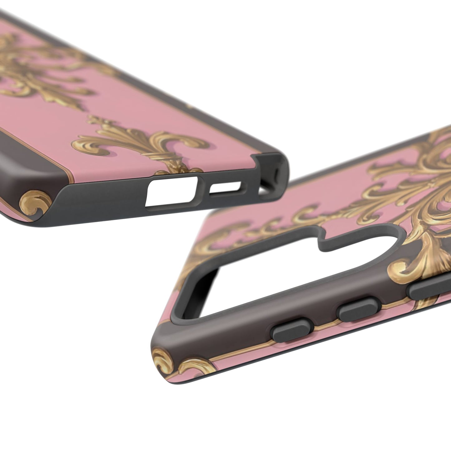Elegant Floral Motif Phone Case - Tough Cases with Vintage Design - Pink & Brown Striped Gold Damask