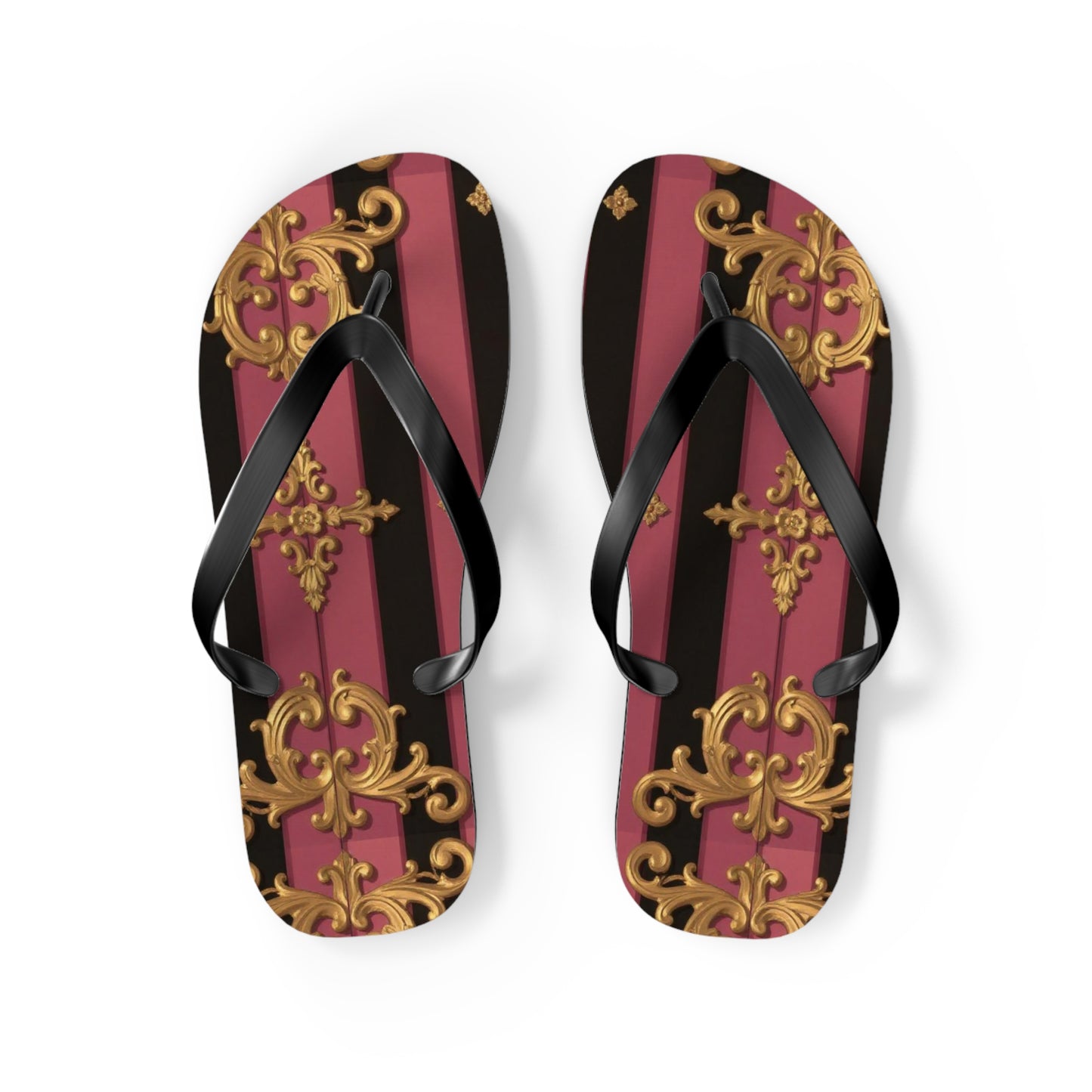 Elegant Black & Mauve Striped Gold Baroque Flip Flops, Chic Footwear for Summer, Pool Parties, Beach Days, Vacation Essentials