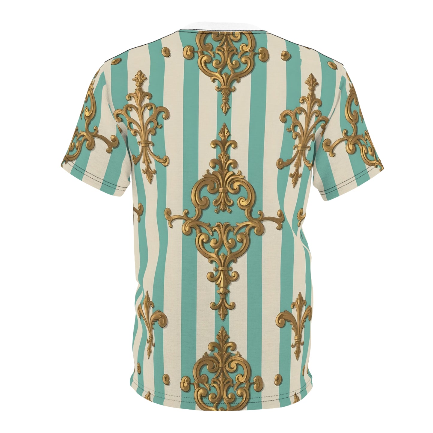 Vintage Elegance Unisex Tee, Bohemian Shirt, Stylish AOP Tee, Casual Fashion Top, Unique Gift for Him/Her - Matte Green Striped Rococo