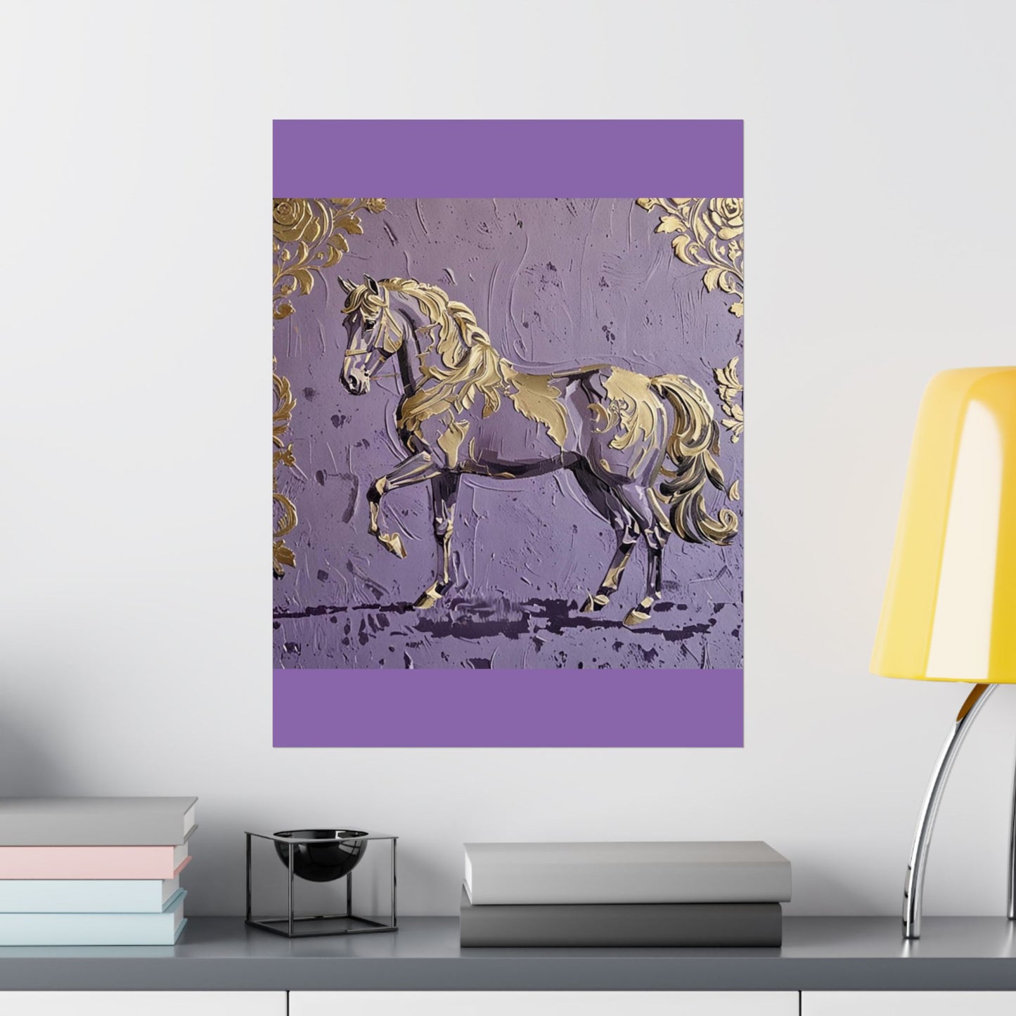 Floral Motif Art Poster - Elegant Matte Vertical Wall Decor - Lavender & Gold Damask Horse