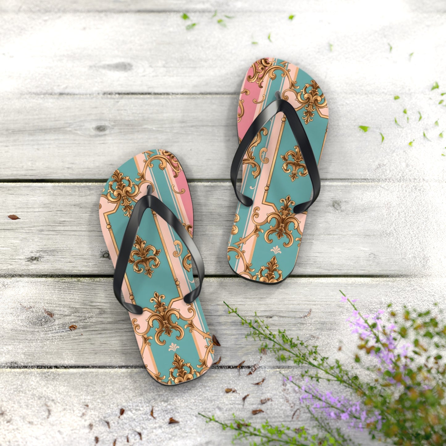 Stylish Flip Flops: Vintage Elegance for Summer Fun, Beachwear, Poolside, Vacation Essentials, Gift for Her - Pink & Matte Turquoise Striped Rococo