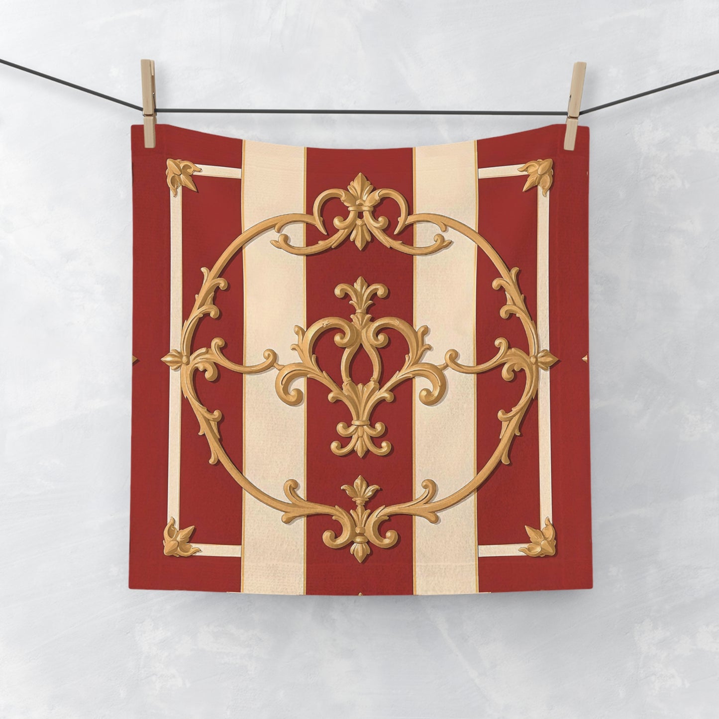 Elegant Decorative Face Towel | Luxurious Bathroom Accessory, Gift for Hostess, Spa Day Essential- Alabaster & Dusk Orange Striped Baroque