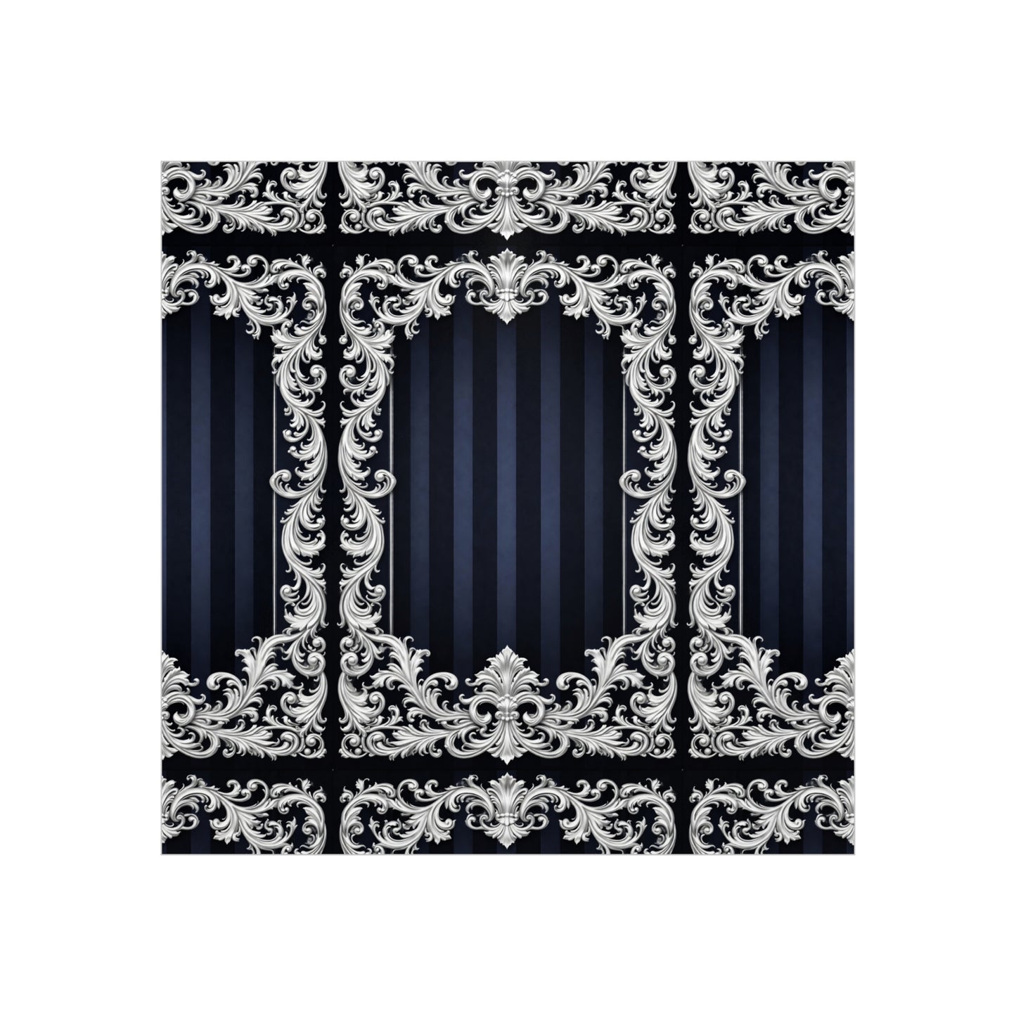 Navy Stripes & Baroque Foam Board Backdrop — Ornate Silver Scroll Panel