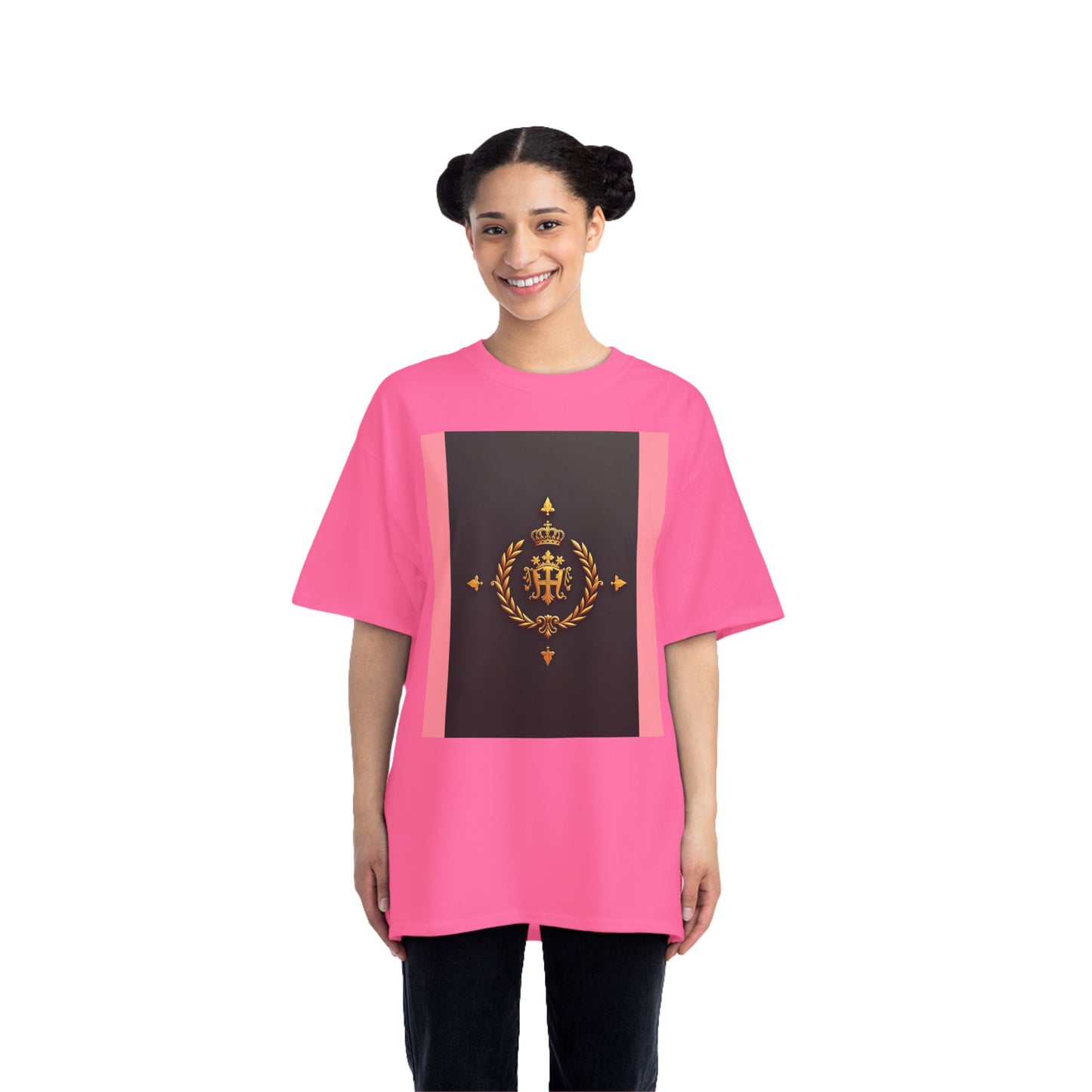 Short-Sleeve Graphic T-Shirt, Stylish Casual Wear, Trendy Gift for Friends, Summer Fashion, Statement Tee, Everyday Comfort - Pink Striped Gold Crest