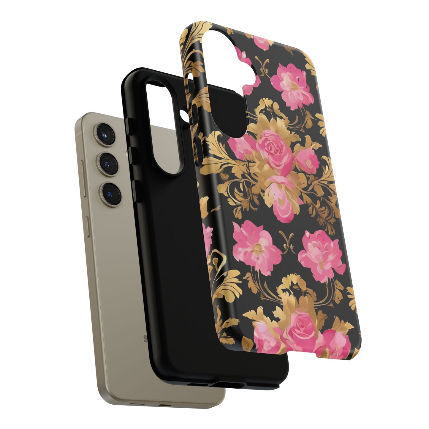 Elegant Floral Motif Phone Case - Tough Cases with Vintage Design - Pink & Gold Roses