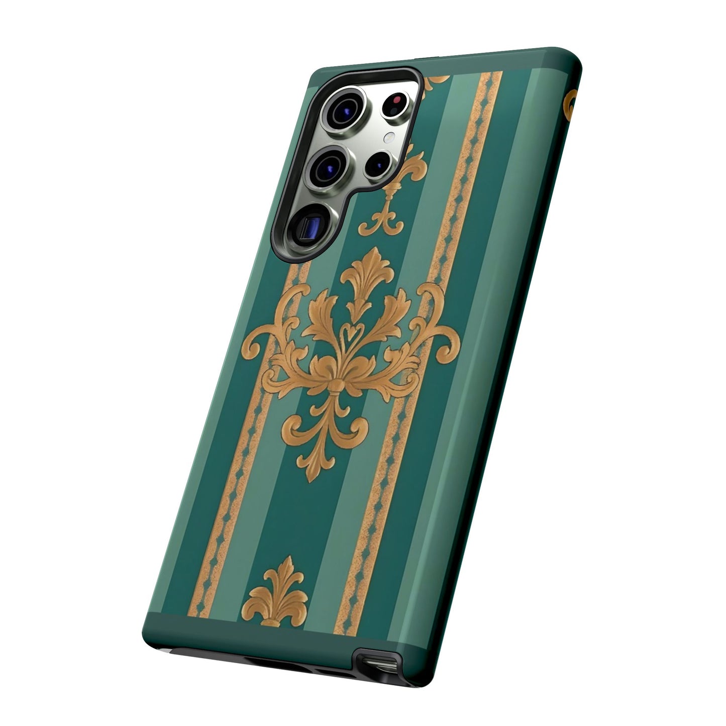 Elegant Floral Motif Phone Case - Tough Cases with Vintage Design - Teal Striped Gold Damask