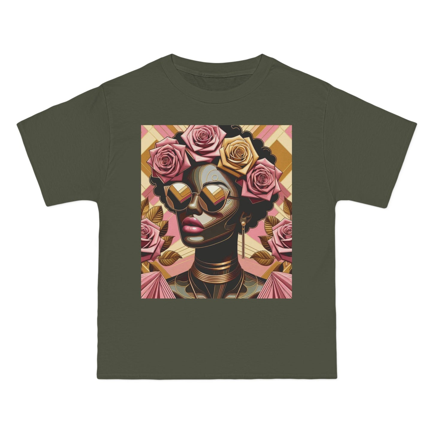 Artistic Floral Feminine T-Shirt, Stylish Tee with Mixed Media Design, Vibrant Short-Sleeve Top, Trendy Casual Wear - Pink Roses Lady