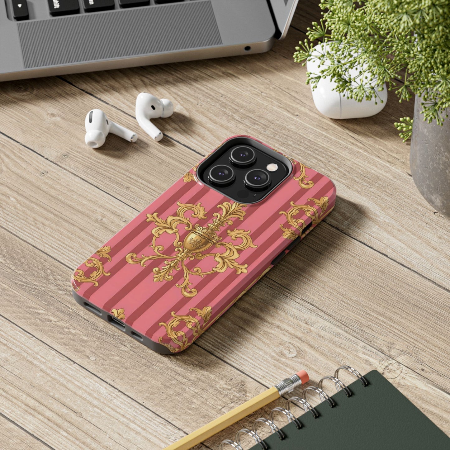 Elegant Baroque Tough Phone Cases, Durable Phone Cover, Stylish Accessory, Gift for Any Occasion - Pink Striped Gold Baroque