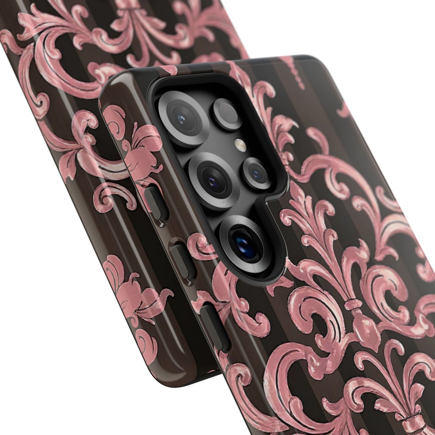 Elegant Floral Motif Phone Case - Tough Cases with Vintage Design - Brown Striped Mauve Damask