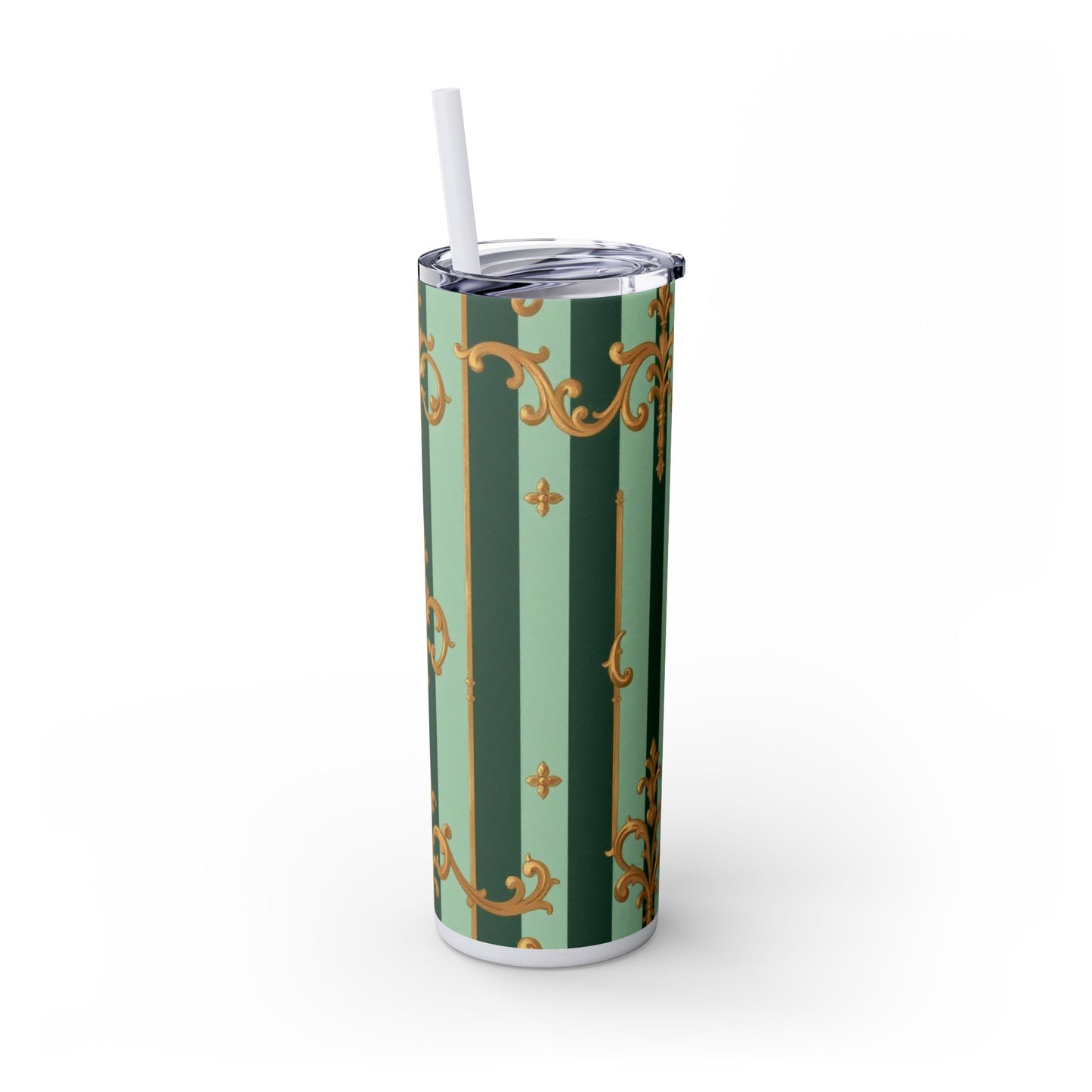 Elegant Floral Skinny Tumbler with Straw, 20oz – Stylish Travel Mug, Eco-Friendly Reusable Cup - Mint Green & Teal Striped Gold Baroque