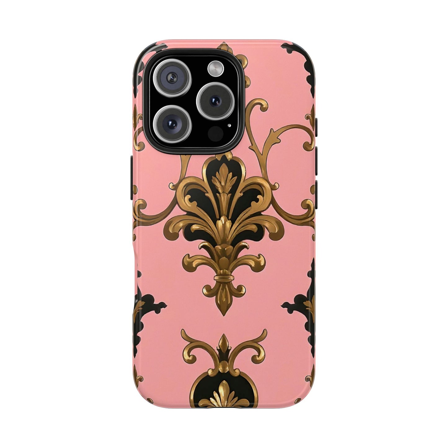 Chic Tough Phone Cases with Floral Design, Elegant Phone Cover, Durable Smartphone Case, Stylish Tech Accessory - Pink, Black & Gold Rococo