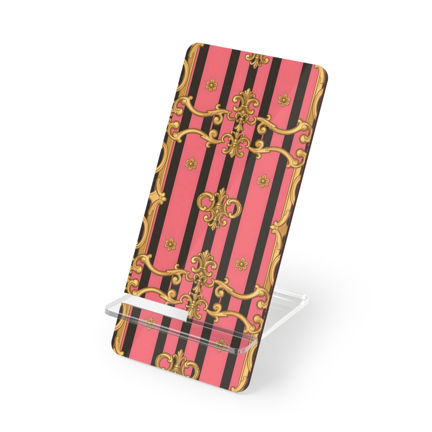 Chic Smartphone Stand, Elegant Phone Holder, Decorative Mobile Display - Pink & Black Striped Gold Baroque