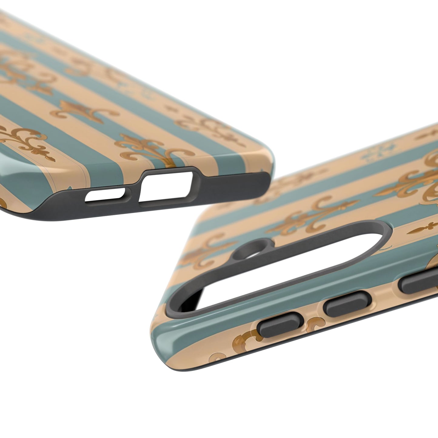 Elegant Floral Motif Phone Case - Tough Cases with Vintage Design -  Beige & Sky Blue Striped Gold Damask