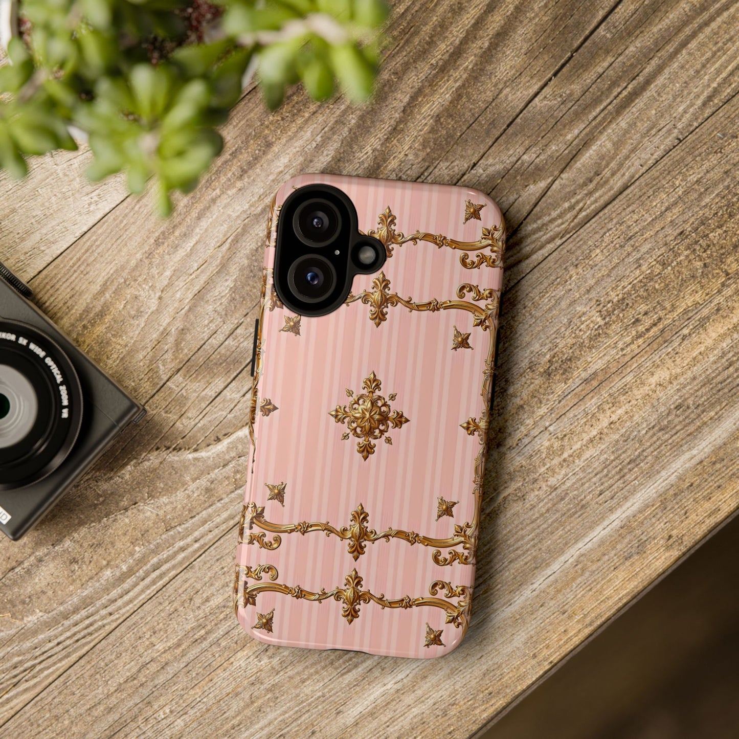 Elegant Floral Phone Case, Tough Cases for Women, Trendy Phone Cover, Chic Gift - Pink Striped Gold Baroque