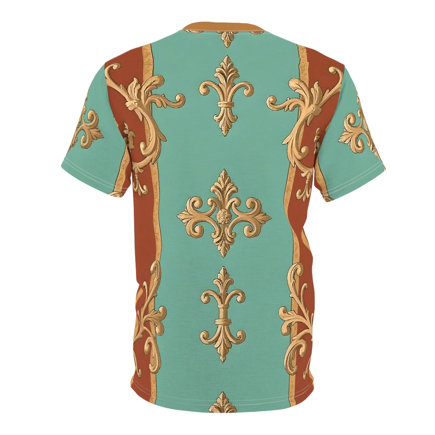 Elegant Baroque Unisex Cut & Sew Tee - Stylish Floral Pattern - Rust & Mint Aqua Striped Baroque