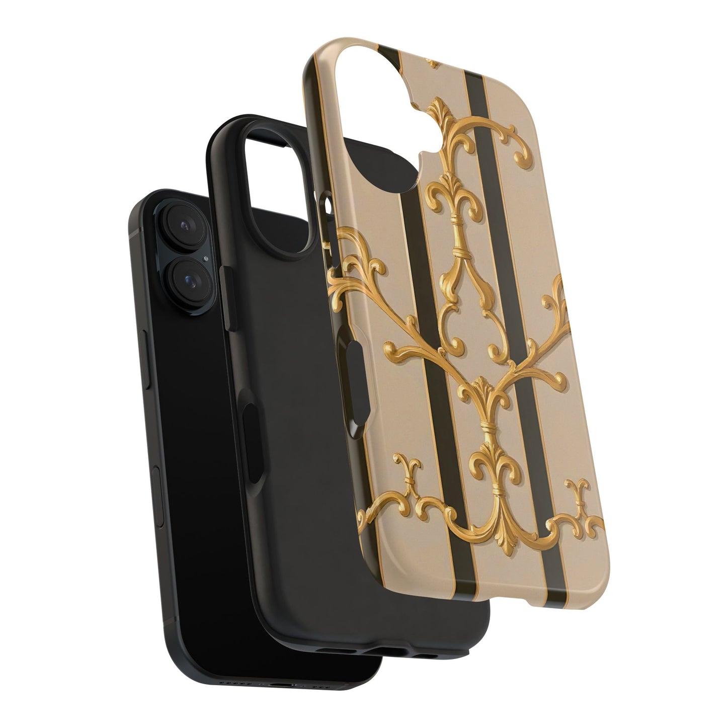 Elegant Vintage Tough Phone Case, Stylish Phone Cover, Boho Accessories, Perfect Gift for Her - Beige Striped Gold Rococo