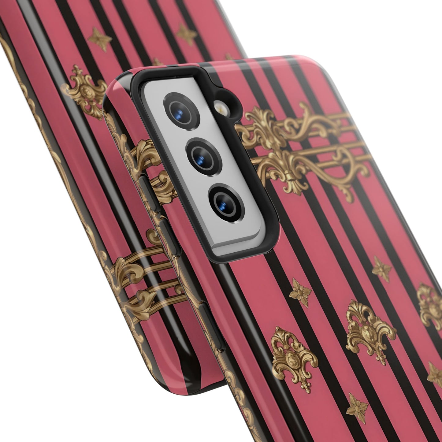 Elegant Floral Phone Cases, Stylish Protective Case for Trendy Individuals, Unique Gift for Tech Lovers, Phone Accessories - Pink Striped Gold Rococo