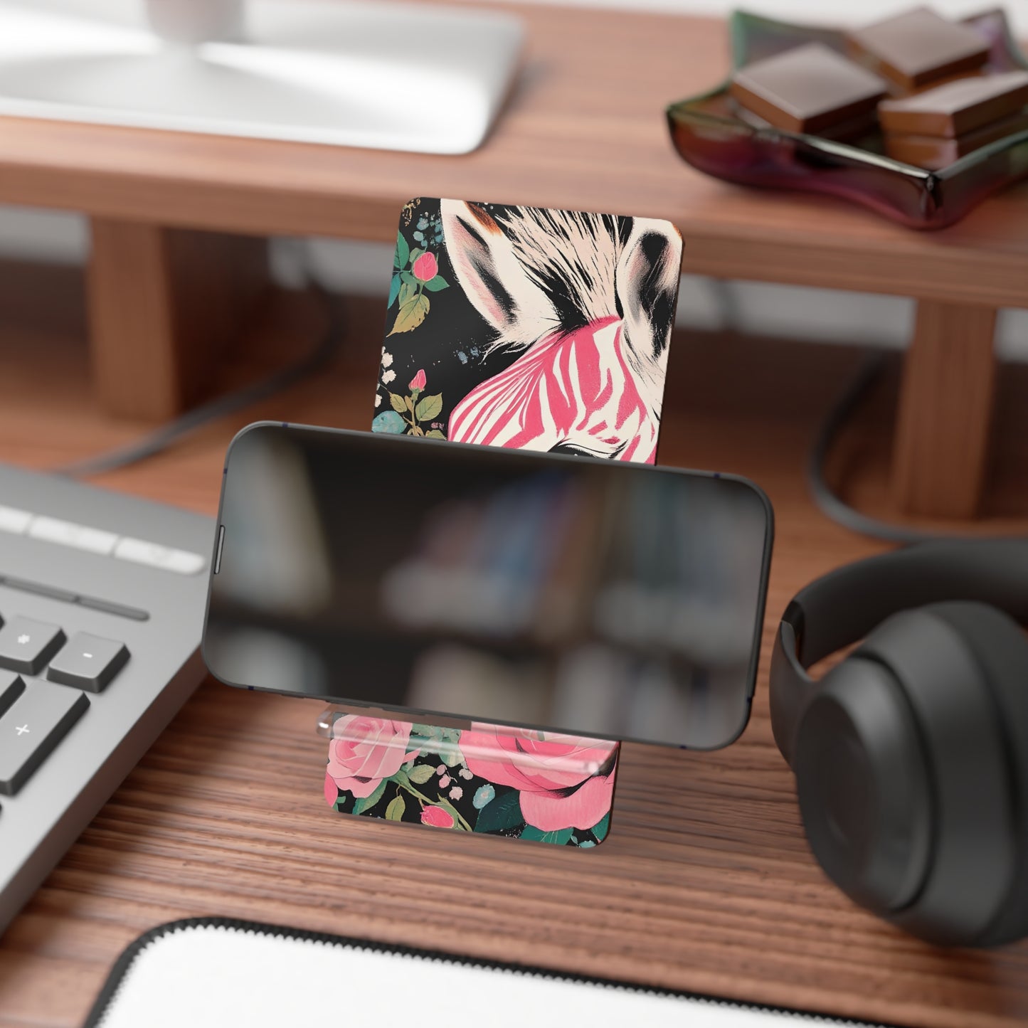 Elegant Floral Smartphone Display Stand - Pink & White Zebra - Decorative Mobile Holder