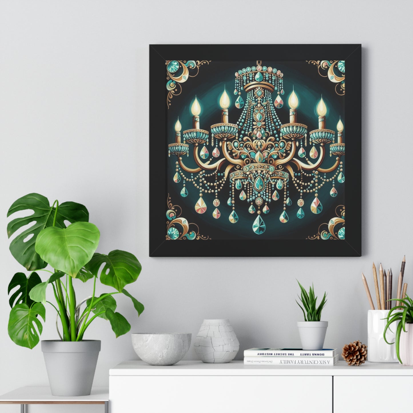 Elegant Chandelier Art Print, Framed Vertical Poster, Home Decor, Wall Art, Gift for Her, Luxury Interior Decoration - Teal Jeweled Chandelier