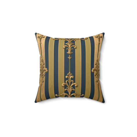 Elegant Midnight Blue & Olive Striped Gold Baroque Faux Suede Square Pillow with Gold Pattern – Luxurious Home Decor, Accent Cushion, Vintage Style