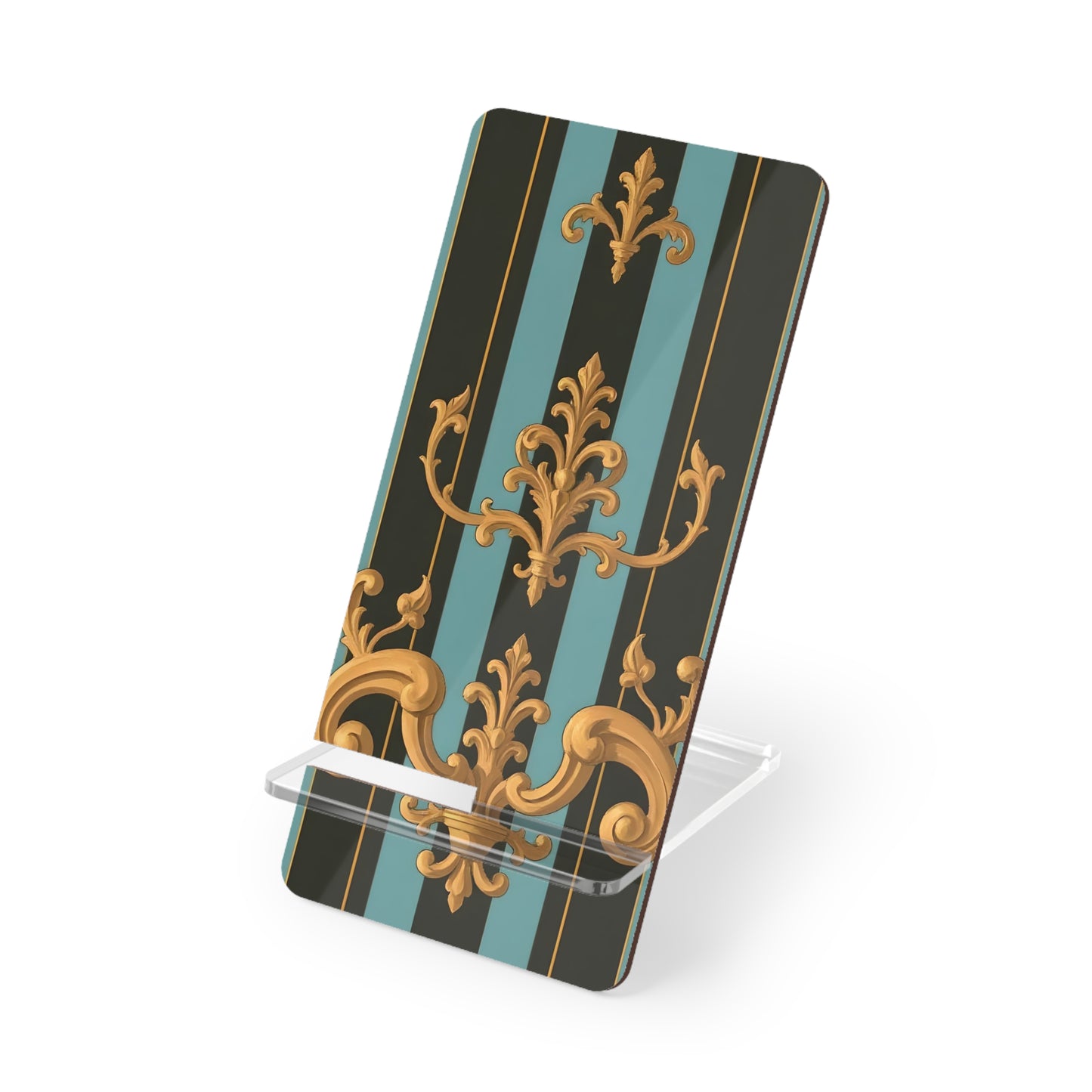 Elegant Smartphone Display Stand, Chic Phone Holder, Stylish Desk Decor, Home Office Accessory - Black & Turquoise Striped Baroque